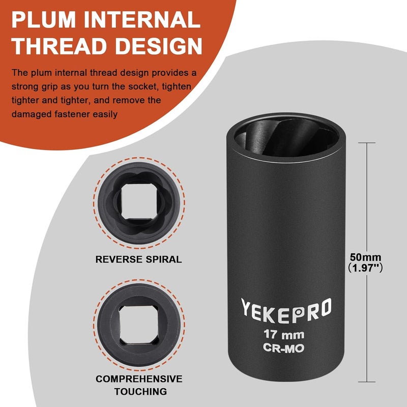 YEKEPRO 17mm 1/2" Drive Lug Nut Remover for Damaged, Rusted, Nuts & Screws, Twist Socket, 1 Piece - Image 1